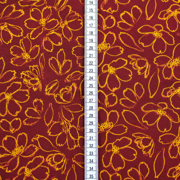 Viskose-Webware Blumenkontur Bordeaux-Senfgelb